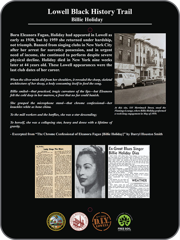 Lowell Black History Trail marker – Billie Holiday Lowell Black History Trail marker - Billie Holiday