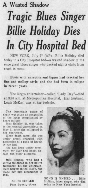 Billie Holiday Obituary – Boston Globe July 17, 1959 Billie Holiday Obituary - Boston Globe July 17, 1959
