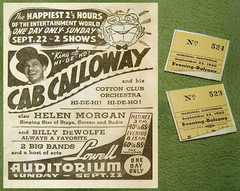 Cab Calloway at Lowell Memorial Auditorium 1940 poster and tickets Cab Calloway at Lowell Memorial Auditorium 1940 poster and tickets